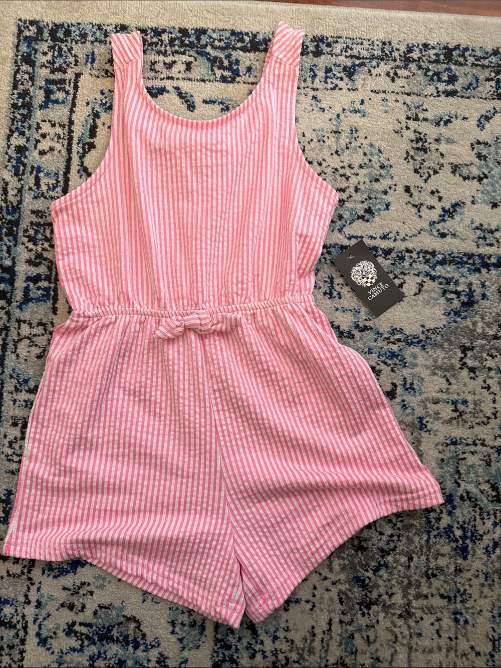Vince Camuto Pink & White Striped Girls' Romper with Tie Waist